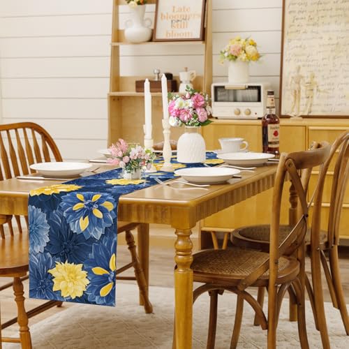 Blue Yellow Dahlia Flower Summer Table Runner Blue Yellow Gray Burlap Table Runners, Spring Floral Coffee Table Center Decor for Home Kitchen Dining Party Indoor Outdoor 13x108 Inch - color: Blue Yellow, size: 13" x 108", Table Runner