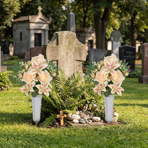2Sets Artificial Cemetery Flowers with Cemetery Vase Artificial Rose Lily Memorial Graveyard Bouquets for Memorial Day Cemetery Headstones Outdoor Grave Decorations(Champagne) - color: Champange