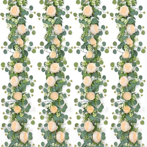 Artificial Flower Garlands Eucalyptus Garlands with Flowers Rose Peony Flower Vine Faux Floral Garland for Wedding Party Arch Table Wall Backdrop Decoration (Champagne, 4PCS) - color: Champagne, size: 4PCS