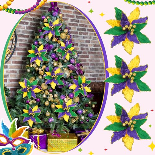 Giegxin 8 Pcs 8'' Mardi Gras Flowers Mardi Gras Poinsettia Flowers Artificial Poinsettia Stems Velvet Purple Gold Green Ornaments Fold Floral for Holiday Party Decorations - color: Purple Gold Green