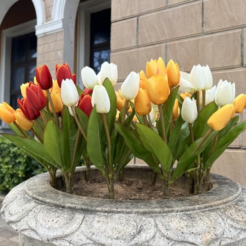 Artificial Fake Flowers for Spring Summer Outdoor Decoration,6 Bundles Shyshining Realistic UV Resistant Silk Fabric Colorful Tulip Faux Plants for outside Planter Home Porch Patio Decor(White Orange) - color: White Yellow Orange