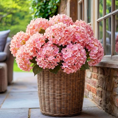 Hotop Hydrangea Artificial Flower Bush for Outdoor 19.6inch Large Silk Hydrangea 5 Heads Realistic UV Resistant Fake Flower for Porch Bouquet Window Box Wedding Indoor(2 Pcs,Rose Red) - color: Rose Red