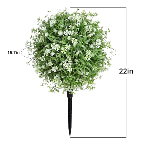 Set of 2 Artificial Boxwood Topiary Ball with Flowers with Ground Spike, 22" Outdoors Faux Boxwood Greenery Shrubs , Realistic Fake Plants Bushes for Front Porch Yard Patio Garden Indoor Decor (White) - size: 22 inch