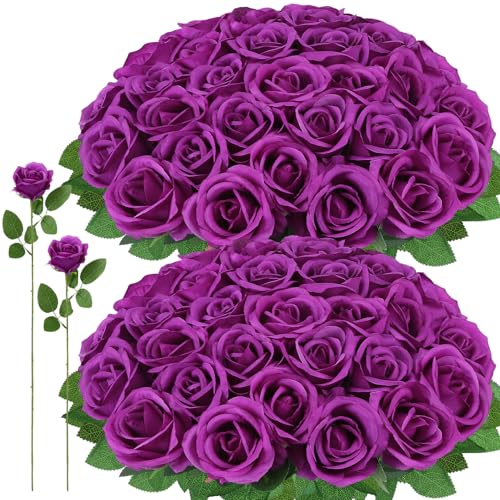72 Pcs Artificial Roses Purple Fake Silk Roses Realistic Roses Faux Flower Indoor Wedding Home Decor, Birthday Decorations - color: Purple