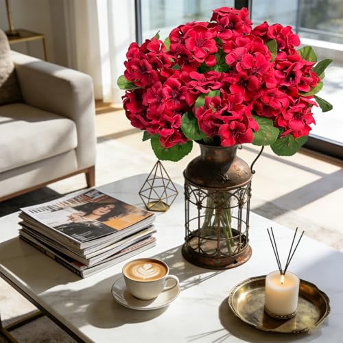 Roberly 6 Pcs Artificial Flowers for Outdoors, Red Fake Geranium Flowers UV Resistant Realistic Silk Faux Plants for Spring Summer Front Door Yard Window Box Indoor Home Decor - color: Red