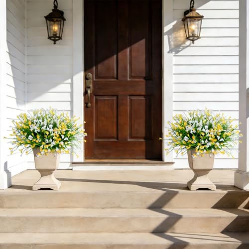 INXUGAO 12 Bundles Calla Lily Artificial Flowers for Outdoors, UV Resistant Faux Plastic Flowers for Home Porch Yards, Fake Plants for Spring Summer Cemetery Decor (Yellow White) - color: Yellow White, size: 12 Pcs