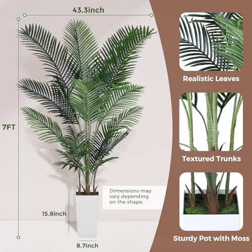 Jocoevol Artificial Golden Cane Palm Tree 7FT, Artificial Palm Tree with Pot, Fake Palm Tree for Home Living Room, Tropical Palm Tree for House Warming - size: 7ft