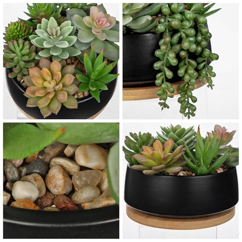 Artificial Succulent Plants in Pot 5.5 Inch Fake Succulents Arrangement Potted Plant in Black Ceramic Planter Bowl with Wood Saucer for Home Office Desk Shelf Living Room Bedroom Bathroom Decor - color: Black Ceramic With Saucer#style 2