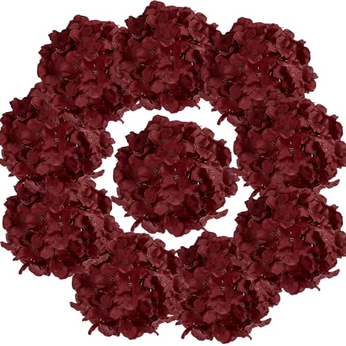 Auihiay 10PCS Hydrangea Artificial Flowers, Faux Burgundy Flower for Wedding Centerpieces, DIY Bouquets, Bridal Shower, Floral Decor Home Decoration with Stems (VASE NOT Included) - color: Burgundy