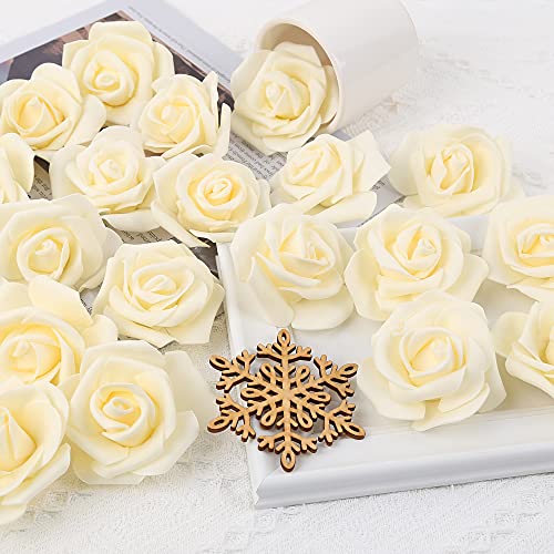 IPOPU Artificial Rose Flower Heads, 100 Pcs Real Looking Creamy Yellow Foam Fake Roses for DIY Wedding Baby Shower Centerpieces Arrangements Party Tables Home Decorations (Cream Yellow, Stemless) - color: 100pcs Cream Yellow