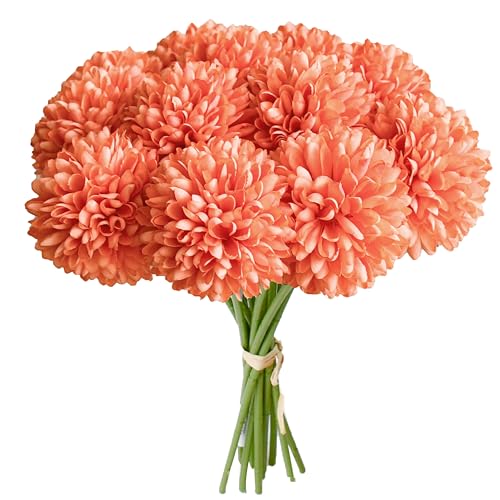 Mandy's 12pcs Artificial Coral Chrysanthemum | 11.8 inch Artificial Mums Flowers for Home Table Centerpiece Summer Decor Silk Flowers for Porch Patio and Wedding - color: Coral