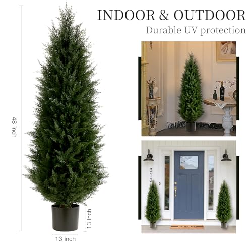 Artificial Topiary Tree Set of 2 Artificial Cedar Trees 4FT Uv Resistant Pine Potted Artificial Plants Outdoor Realistic Fake Plants Front Porch Decor Indoor Faux Cypress Trees