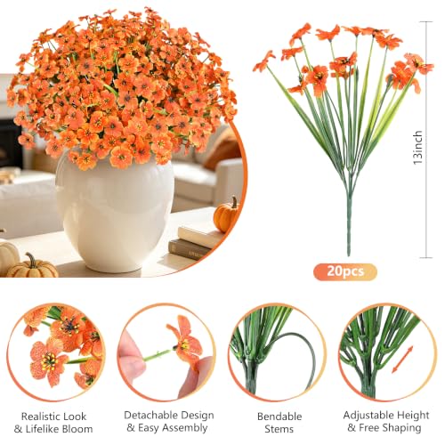 AmyHomie 20 Bundles Artificial Fall Flowers for Outdoor Outside Fall Decoration UV Resistant Faux Mums No Fade Fake Plastic Plants Garden Porch Window Box Decorating(Fall Orange) - color: Pure Fall Orange, size: 20
