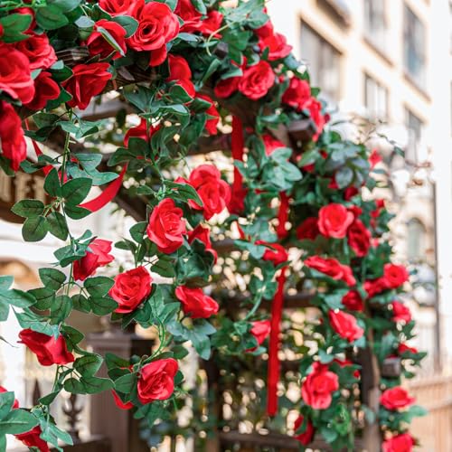 4 Pack (32FT) Artificial Rose Vine Fake Flowers Garland Hanging Silk Rose Ivy Plants Vine for Mother's Day Wedding Arch Party Wall Indoor and Outdoor Aesthetic Art Décor (Red) - color: Red