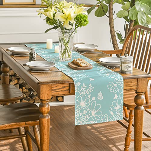 Artoid Mode Blue Bloom Flowers Butterfly Spring Table Runner, Seasonal Holiday Kitchen Dining Table Decoration for Home Party Indoor 13x72 Inch - color: Blue, size: 13" x 72", Table Runner