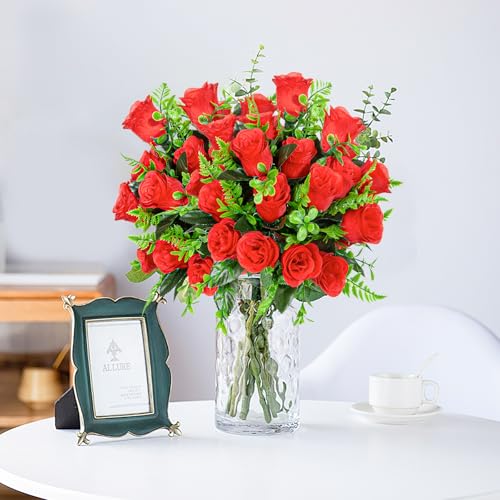 XONOR Artificial Rose Flowers - 4Bouquets Realistic Fake Silk Roses for Wedding Party Home Centerpieces Office DIY Cemetery Grave Decoration (Pack of 4, Red) - color: Red