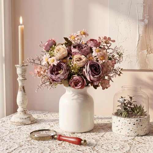 Artificial Roses Flowers 3 Pack Vintage Roses Pink Flowers Small Silk Rose Bouquet with Daisy Flowers Faux Floral Arrangements for Vase Centerpiece Table Wedding Party Decor - color: Pink, size: 3PCS