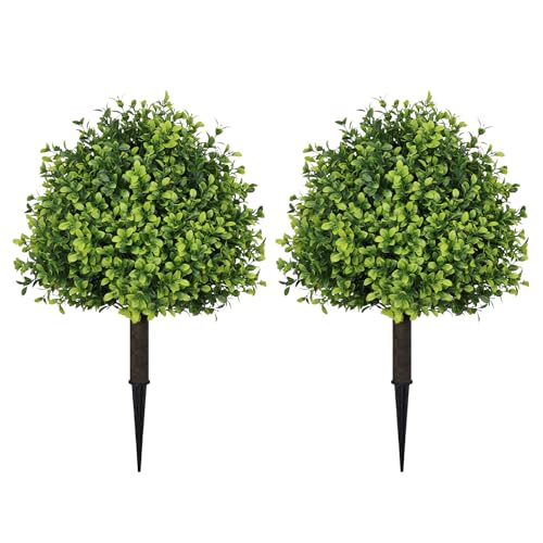 THE BLOOM TIMES Artificial Outdoor Plants, UV Resistant Fake Bushes & Shrubs with Ground Spike, Faux Boxwood Topiary for Front Porch Outside Planter Decor, Set of 2, Overall 24" - color: Boxwood