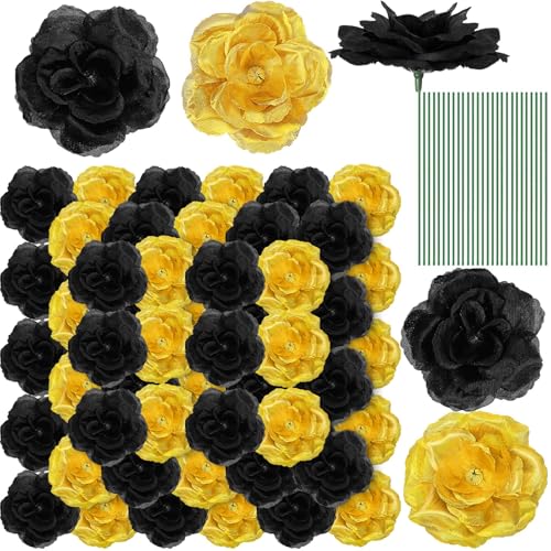 Yunlly 100 Pcs Artificial Flowers Fake Silk Roses Long Stem Rose Bouquet Wedding Party Home Decor for DIY Baby Shower Centerpieces Tables Home Decorations (Black and Gold) - color: Black and Gold