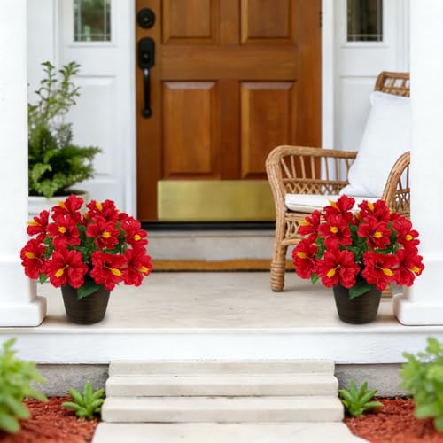 Briful Artificial Hibiscus Flowers in Brown Pot, 14.1" Faux Tropical Flower Plant for Outdoor Porch, Potted Red Hibiscus Tabletop Decor for Living Room, Dining Table, Office, Indoor Home Décor - color: 14'' Red#596