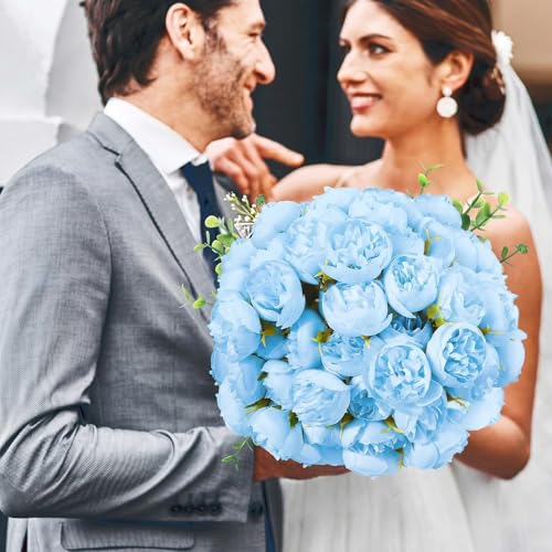 XunYee 85 Pcs Blue Artificial Peonies Faux Silk Flowers Bulk for Vase Spring Vintage Faux Peony Bouquet Florals Stems Arrangements for Wedding Table Centerpiece Farmhouse Birthday Vase Filler - color: Blue