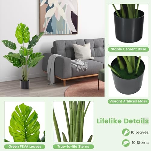 GOFLAME Artificial Monstera Deliciosa Plant, 4ft Potted Faux Tree with 10 Verdant Fake Leaves, Swiss Cheese Plant for Home Decor Indoor, Outdoor, Home, Office, 1 Pack - size: 4ft