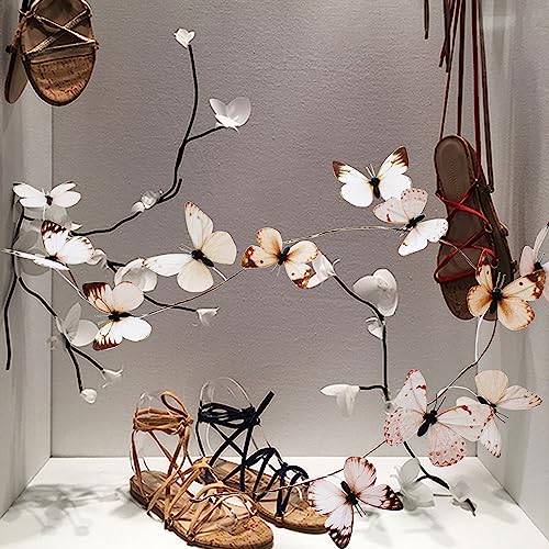 Artificial Butterfly Garland, Fake Butterfly Decorative Vines, DIY 3D Unique Butterfly Hanging Decor for Home Wall Easter Spring Flowers Party Wedding Arch Shopping (White Brown) - color: White Brown