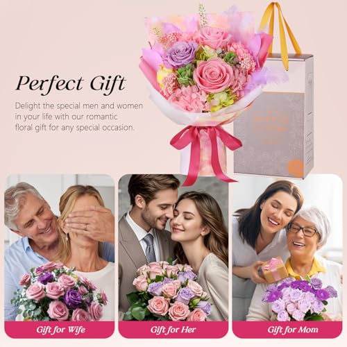 Preserved Flowers Bouquet 3 Roses - Pink Real Rose & Flowers for Delivery, Eternal Roses Bouquet with Gift Box, Anniversary Birthday Valentine Gifts for Women Mom Grandma Her Wife Girlfriend - color: Pink