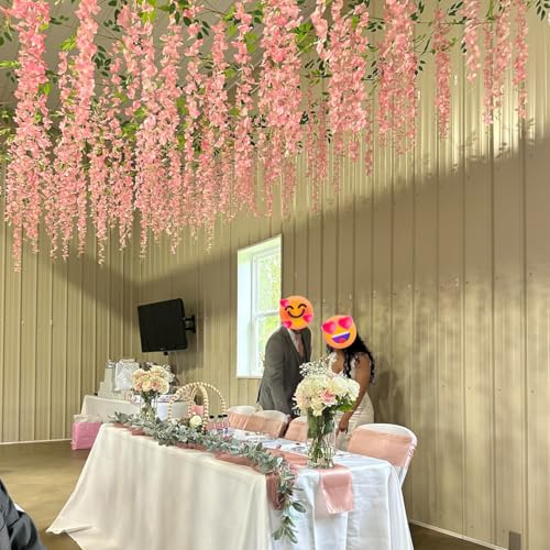 HUAHUA Artificial Wisteria Flowers, White Dense Artificial Fake Wisteria Vine Ratta Hanging Garland Silk Flowers String for Home Party Wedding Decor (24pcs Pink) - color: 24pcs Pink