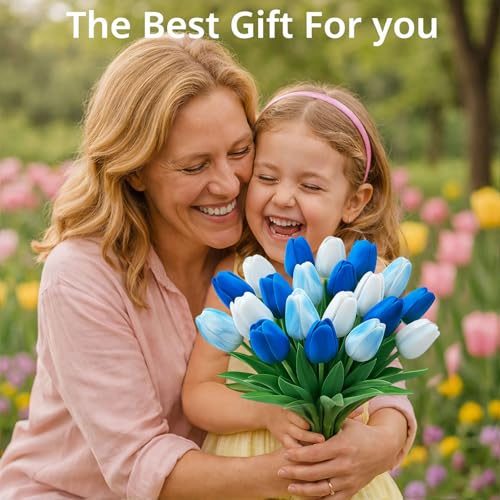 20 Pcs Tulips Artificial Flowers, 13.5'' Real Touch PU Fake Flowers Bouquet for Home Party, Spring Wedding Floral Arrangement, Valentine's, Easter and Mother's Day Decor (White,Blue) - color: White,blue