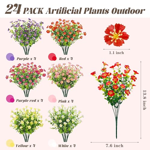 Der Rose 24 Bundles Fake Flowers Artificial Dasiy Faux Flowers Bulk for Outdoor Spring Garden Porch Farmhouse Decor - color: 6 Colors Mix
