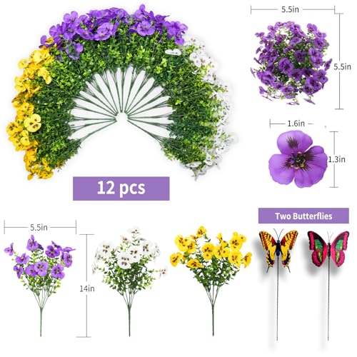 SupBri Artificial Silk Pansy Flowers with Decorative Butterflies, UV Resistant Waterproof No Fade Fake Flowers for Outdoor Pots Garden Patio Decor (White Purple Yellow, 12 Bundles) - color: Yellow/Purple/White