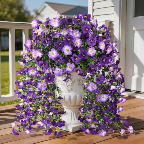 Artificial Fake Flowers Plants for Outdoor Spring Summer Decoration,2 PCS Faux Silk Morning Glory with Eucalyptus Leaves,UV Resistant Realistic Outdoor Flowers for Balcony Porch Patio Yard Garden - color: Double Purple