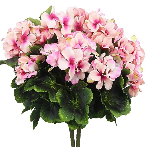 2 Pcs Artificial Geraniums for Outdoor Silk Geranium Flowers Purple Pink Artificial Geranium Bush Faux Flowers Geraniums Branch for Garden Patio Cemetary Vase Table Centerpiece Indoor Decor - color: Pink