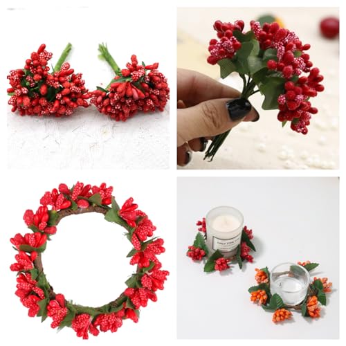 Rikyo Artificial Mini Flower Stamen Pistil, Red, 144pcs | Soft Stem, 20mm Tiny Berry for Make Bridal Hair Clips,Cake Top,Wrist Corsage Boutonniere,Candle Rings Wreath Bracelet Flower - color: Red