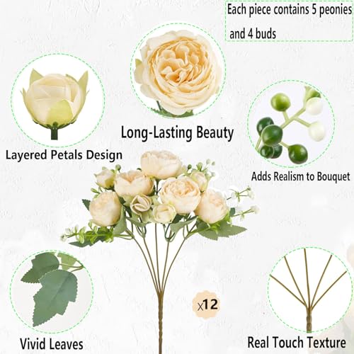 Peonies Artificial Flowers 12 Bundles Pink Flowers Bouquet, Lifelike Silk Fake Peonies with Stems for Home Table Centerpieces, Wedding, Party & DIY Bridal Floral Arrangements (Champagne) - color: Champagne