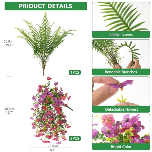 INQCMY Artificial Fake Hanging Flowers with Fake Fern for Outdoors UV Resistant Artificial Plants Spring Decor Look Real Faux Flowers for Outside Home Planter Porch Patio Decor - color: 3pcs Purple Rose,1pcs Fern