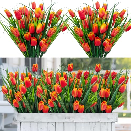 12 Bundles 60 Heads Artificial Tulips Fake Flowers Outdoor UV Resistant Silk Tulip Faux Plastic Greenery Shrubs Plants for Outside Planter Porch Garden Patio Decor (Orange) - color: Orange