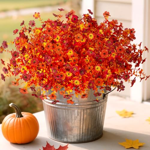 INXUGAO Artificial Fake Mums Fall Flowers for Outdoor Outside Decoration 12 Bundles Faux Silk Flowers Plants Realistic Daisy UV Resistant Fall Décor Autumn Front Door Porch Patio Yard Decoration - color: Y2-red Orange Sunset