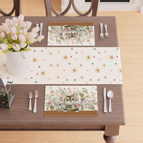 XCHI Wildflowers Cat Daisy Spring Placemats Set of 4 Summer Table Mats for Party Home Kitchen Dining Table Decorations 12x18 Inch - size: 12x18 Inch