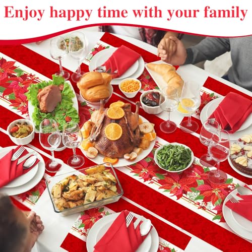 VitalCozy 7 Pcs Poinsettia Placemats Set of 6 Christmas Table Runner and Placemats 72 Inches Christmas Table Runner and Placemat Set Poinsettia Decorations for Home and Kitchen Holiday Indoor Dining - style: Poinsettia