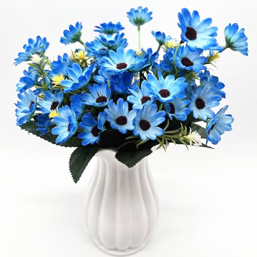 Artificial Flowers Daisies for Outdoors Silk Daisy Realistic Plants Decor, Fake Plant Bunches for Indoor Home Garden Verandah Kitchen Office Table Centerpieces Arrangements DIY Decorations Blue Flower - color: Daisy - Blue - 4 Bundles