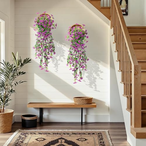 QCQHDU Artificial Hanging Flowers for Outdoors,2Pcs Fake Hanging Plants 29.5 Inch Long for Spring Summer Decoration,UV Resistant Faux Flowers for Patio Porch Garden Yard Balcony Decor, Purple - color: Purple