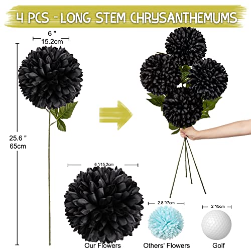 Briful Autumn Artificial Chrysanthemums Ball Flowers 6’’ Large Heads Mums Stems Black Fake Hydrangea Flowers Bouquet for Home Halloween Wedding Fall Decorations, Set of 4 - color: 6'' Dia. 4pcs Black