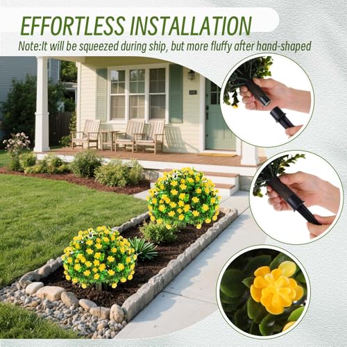 Yunlly Set of 6 Artificial Boxwood Topiary Ball Tree 16 Inch Outdoor Topiary Tree with Flower Fake Bushes, UV Resistance Faux Shrubs Evergreen Plant with Spike for Front Porch Indoor Decor (Yellow) - color: Yellow