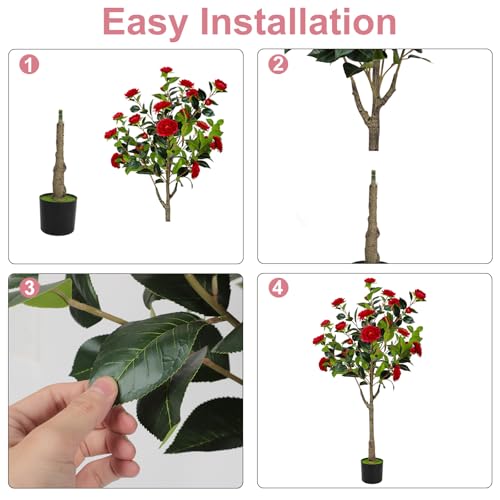 47” Artificial Camellia Tree with Blooming Red Flowers, Artificial Tree for Indoor Outdoor, Faux Camellia Tree for Modern Home Office Floor Porch Decor, Free Maintenance - color: Red