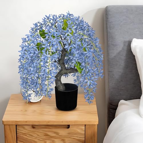 Artificial Flowers 18.5" Tall with Silk Wisteria Flower Arrangement and Realistic Wood Fake Bonsai Tree Plants Faux Plants for Spring Home Bedroom Office Bathroom Blue Coffee Table Centerpiece Decor - color: Blue-18.5