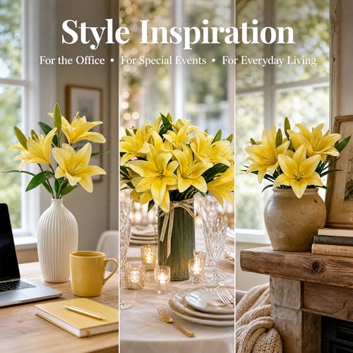 ATFL Artificial Lilies Flowers,9 Pcs Faux Lily Flowers,16''Tiger Lily Branches with 2 Full Blooms and 1 Bud,Faux Fake Lilies Plants for Wedding Bouquet Floral Arrangements (9, Yellow) - color: Yellow