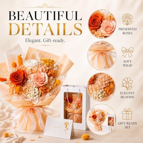 Preserved Champagne Rose Bouquet, 100% Real Flowers for Women Mother Wife, Long-Lasting Eternal Cream Roses with Gift Box, Forever Flowers for Anniversary Birthday Mother's Day, Lasts 3-5 Years - color: Champagne Gold