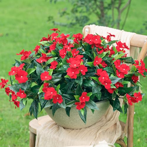 Uqueeten15.7” Fake Flowers Artificial Flowers for Outdoor,Silk Artificial Impatiens Bouquet Flowers for Outdoors，Spring Flowers Flores Artificiales para Decoracion Indoor Decor 8PCS(Red) - color: Red-8